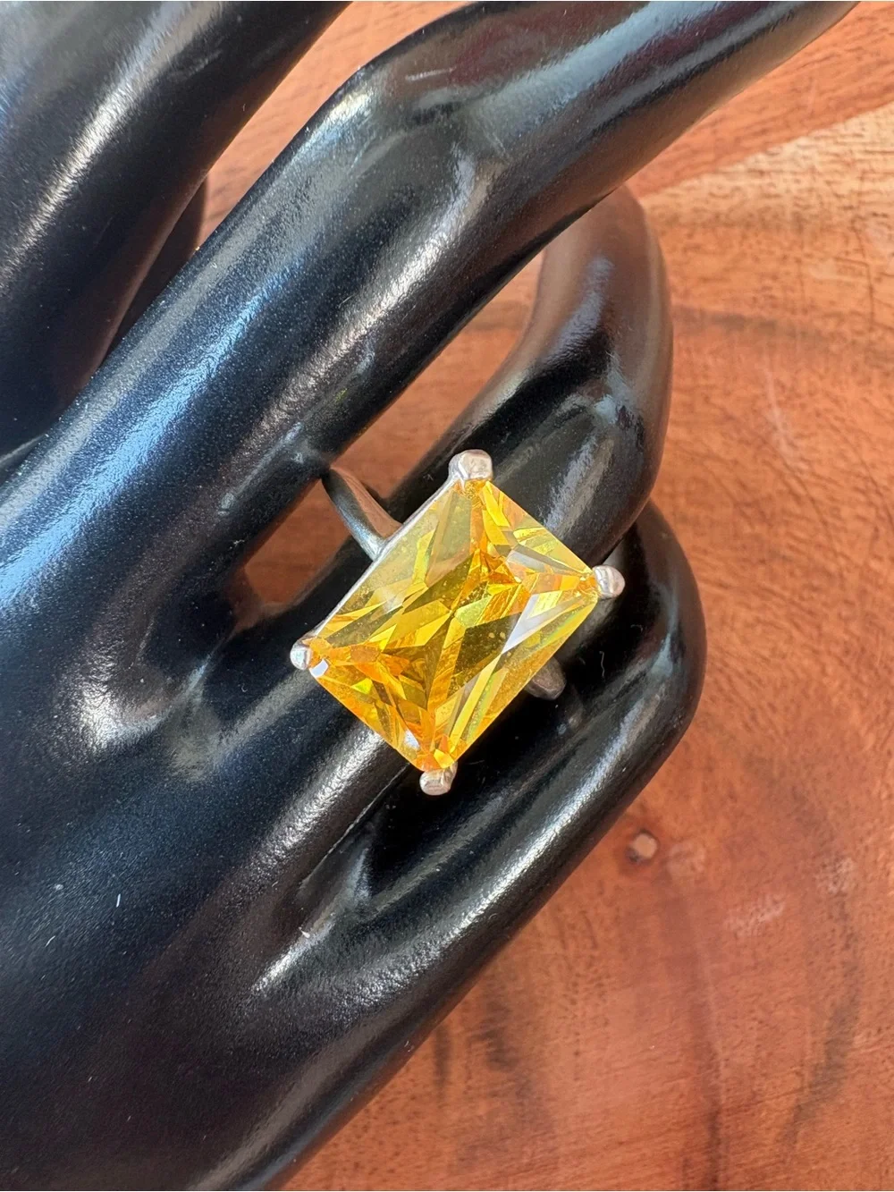 Vintage Yellow Crystal Cocktail Rectangle Ring - Size 7
